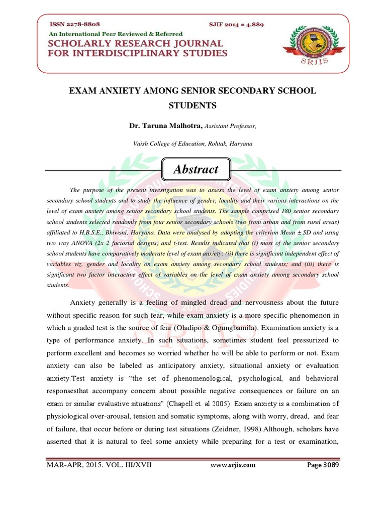 Exam Anxiety in Senior Secondary Students | PDF | Anxiety | P Value
