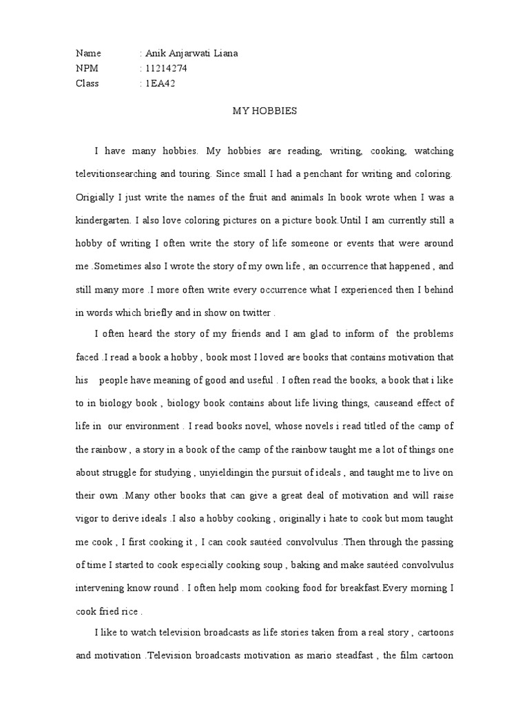 Tugas Bahasa Inggris My Hobby Pdf Teaching And Learning