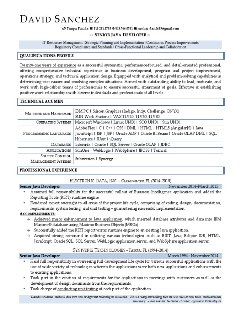Senior Java Developer Oracle in Tampa FL Resume David Sanchez | PDF ...