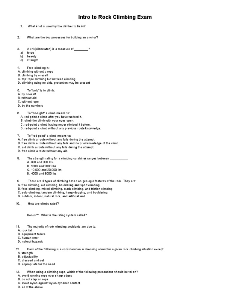 Rock Climbing Exam Questions Guide | PDF | Rock Climbing | Rope