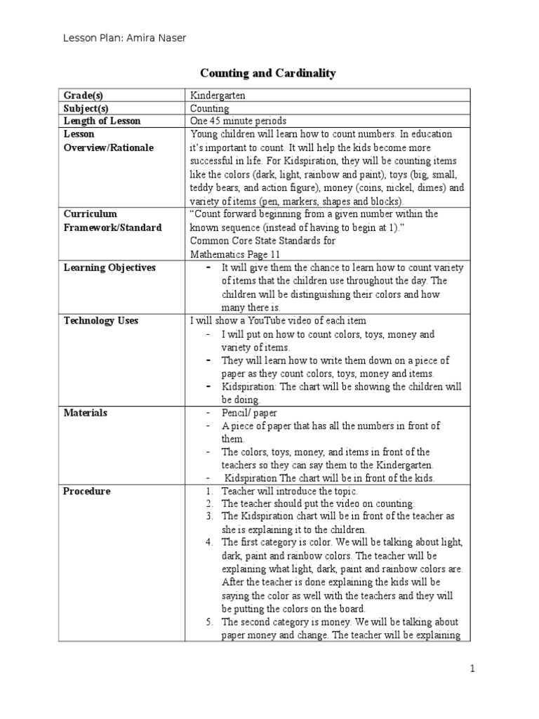 Counting and Cardinality: Lesson Plan: Amira Naser | PDF | Toys ...