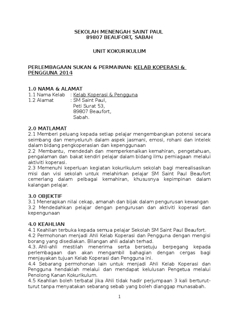 2014 Draf Asas Perlembagaan KELAB KOPERASI