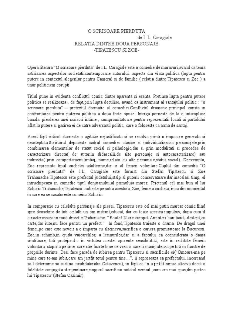 O scrisoare pierduta: relatia dintre doua personaje