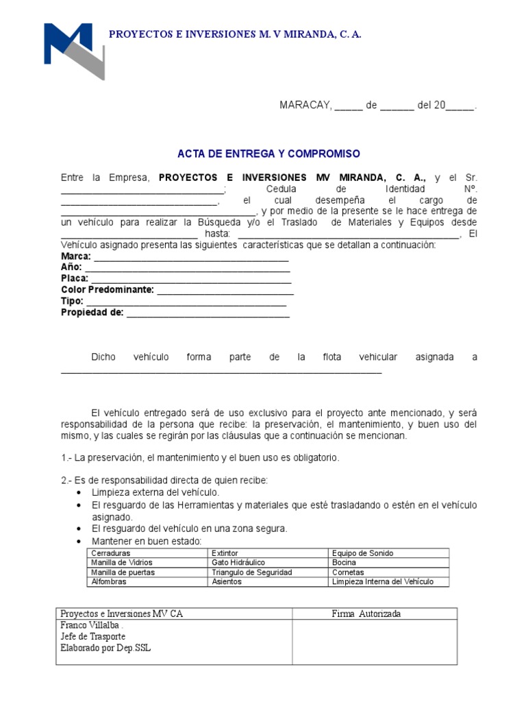 Acta de Entrega y Compromiso de Vehiculo MV (Para Los Choferes Los Teques) PDF Transporte