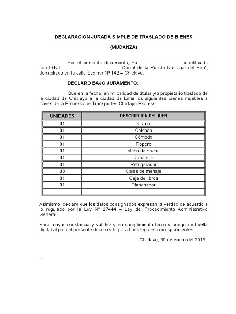 Declaracion Jurada Simple de Traslado de Bienes | PDF