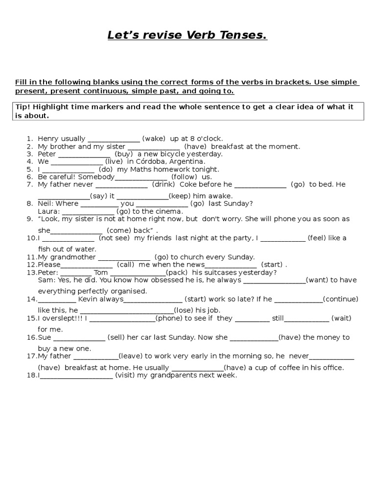 Verb Tenses Revision Onomastics Language Mechanics