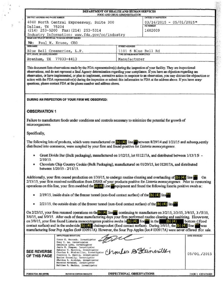 Inspection Report For Blue Bell, Brenham | PDF | Food And Drug ...