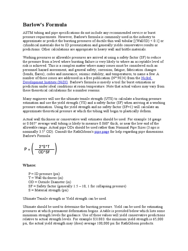Barlow Formula Tube Burst Pressure Strength Of Materials Yield (Engineering)