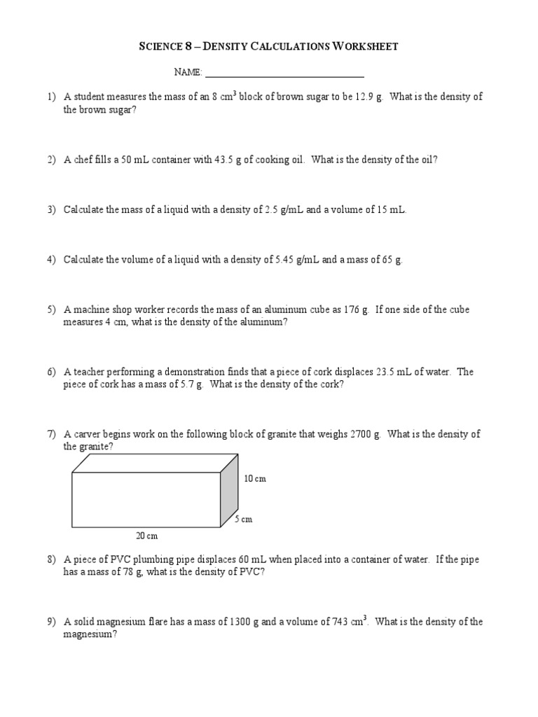 Practice Sheet Calculating Density  PDF  Density  Volume For Density Calculations Worksheet Answers