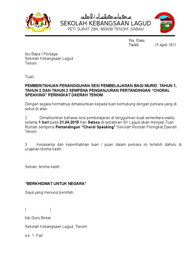 Contoh Surat Makluman Penutupan Sekolah
