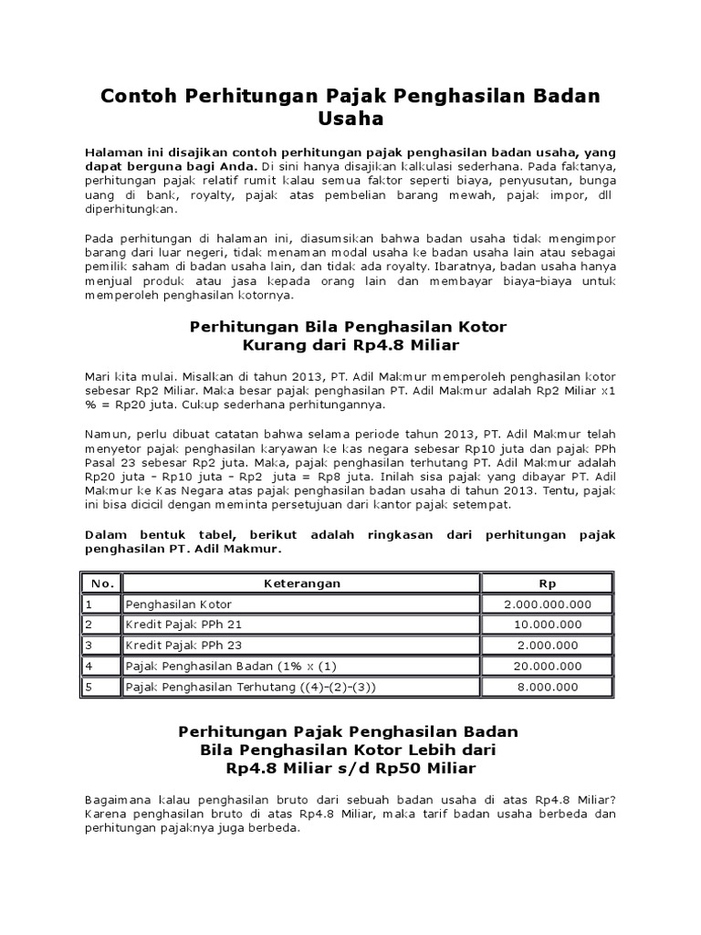 Contoh Perhitungan Pajak Penghasilan Badan Usaha Pdf