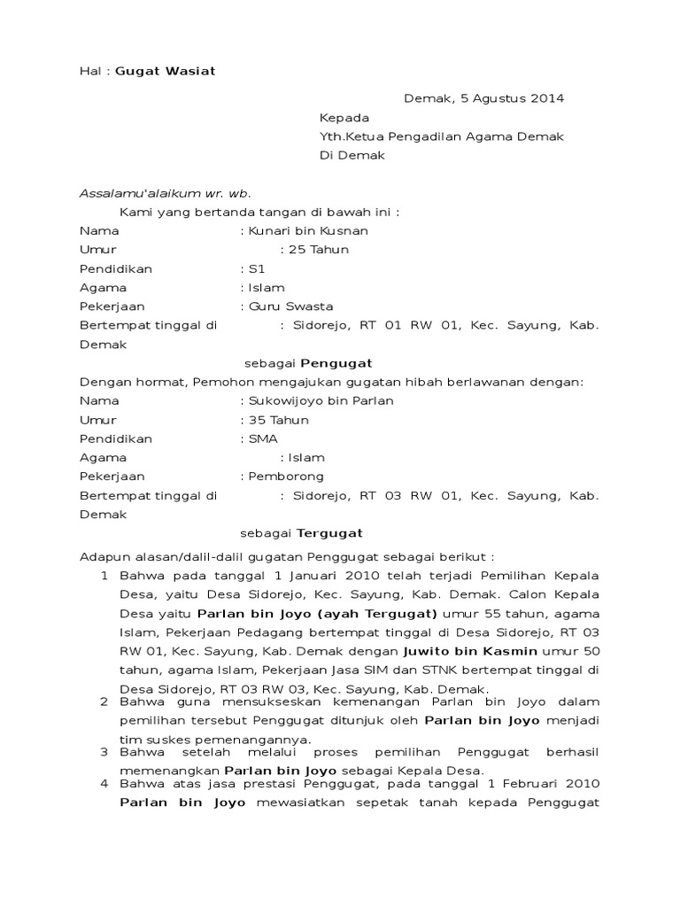 Contoh Surat Gugatan Wasiat
