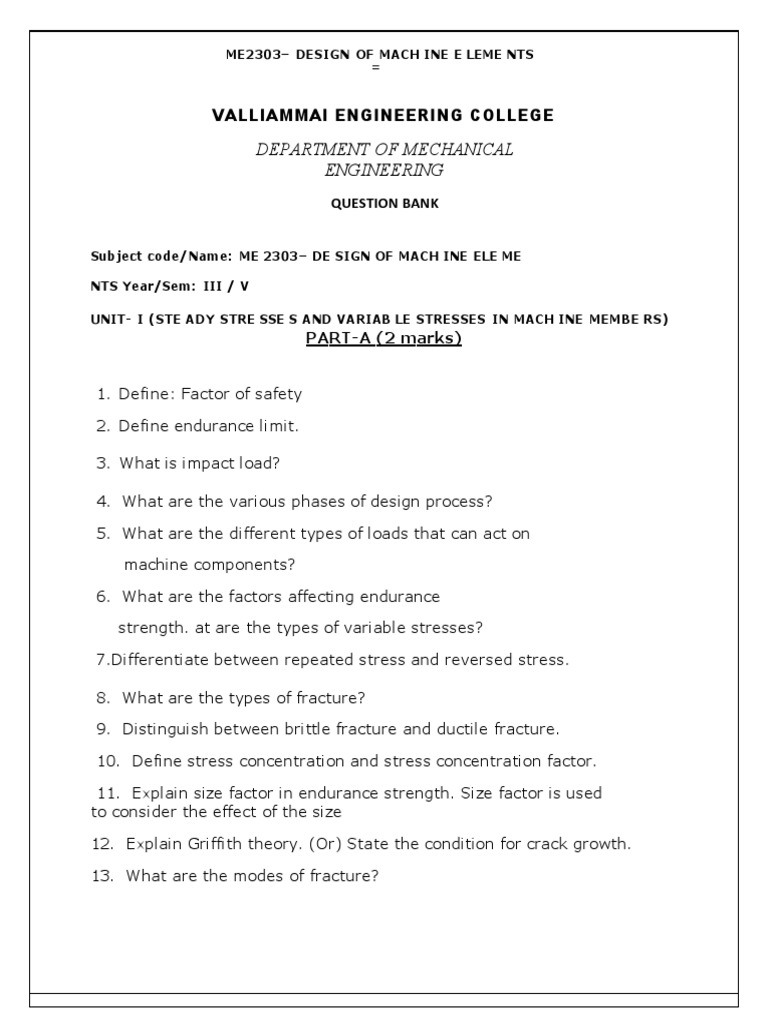 ME2303 Machine Elements Design Question Bank | PDF | Strength Of ...