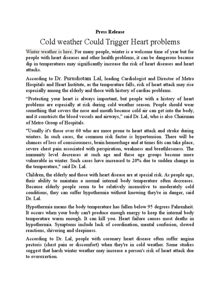 Cold Weather Could Trigger Heart Problems: Dr. Purushotam Lal | PDF ...