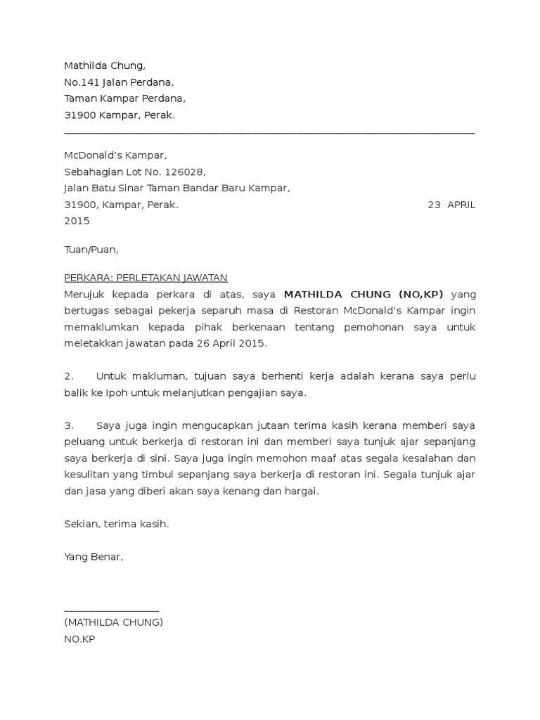 Contoh Surat Perletakan Jawatan Sebagai Agen Etika