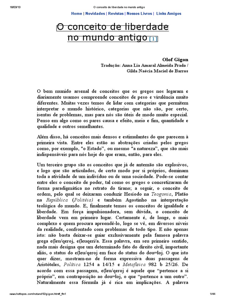 Liberdade na Antiguidade Grega | PDF | Aristóteles | Estado