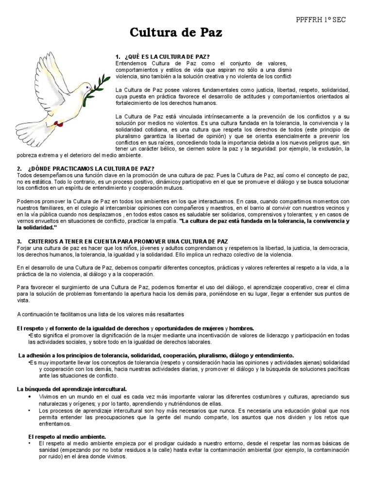 Cultura de Paz: Valores y Prácticas | PDF | Tolerancia | Conflicto ...