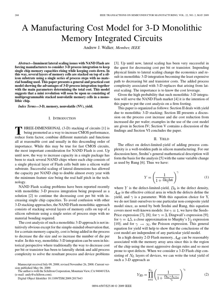 A Manufacturing Cost Model For 3D Monolithic Memory Integrated