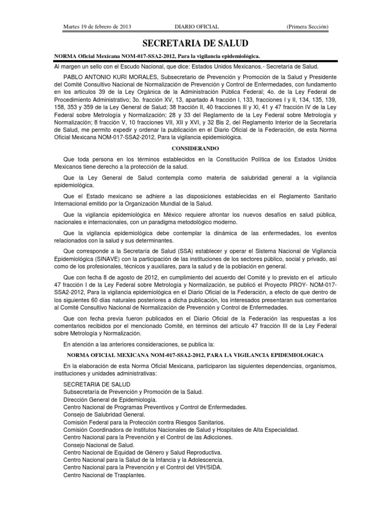 NORMA Oficial Mexicana NOM017SSA22012, Para la