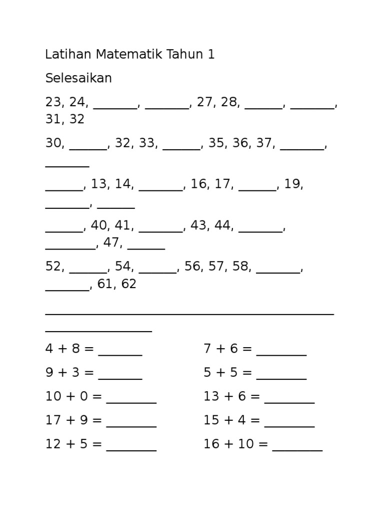 Latihan Matematik Tahun 1