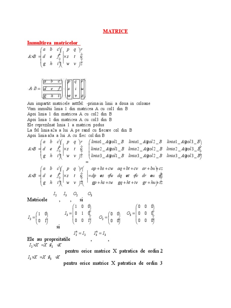Matrice Inmultirea Matricelor Matricele Si