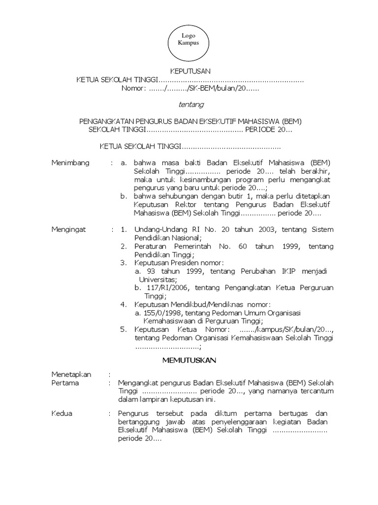 Contoh Sk Untuk Pengangkatan Bem