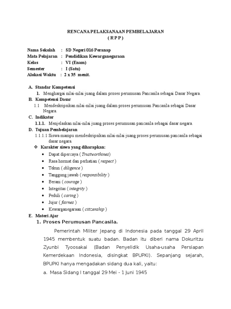 Rpp Pkn Kelas 6 Semester 1 Pdf