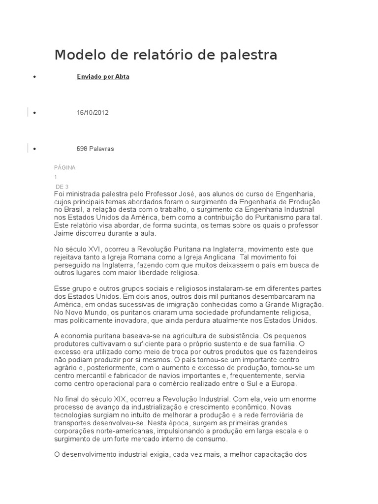 Modelo de Relatório de Palestra | PDF | Puritanos | Engenharia