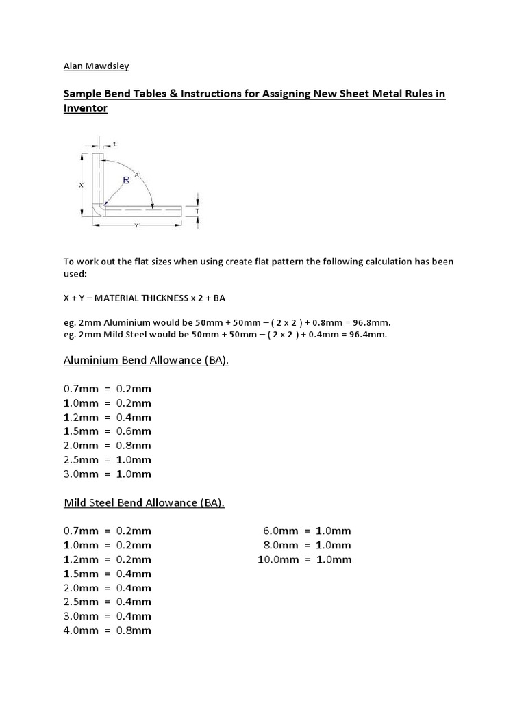 Bend Table Samples For Sheetmetal PDF Sheet Metal Industrial