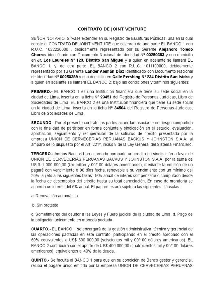 Contrato de Joint Venture Bancos Economías