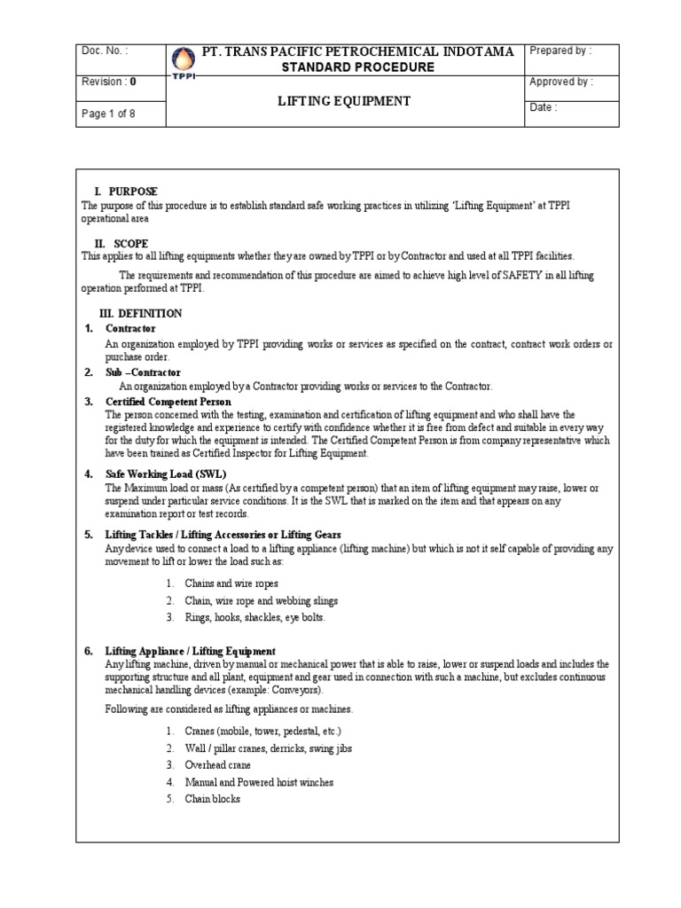 Lifting Equipment Safety Procedure | PDF | Crane (Machine) | Business