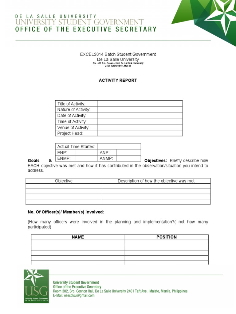 Activity Report: Rm. 402 Bro. Connon Hall, de La Salle University 2401 ...