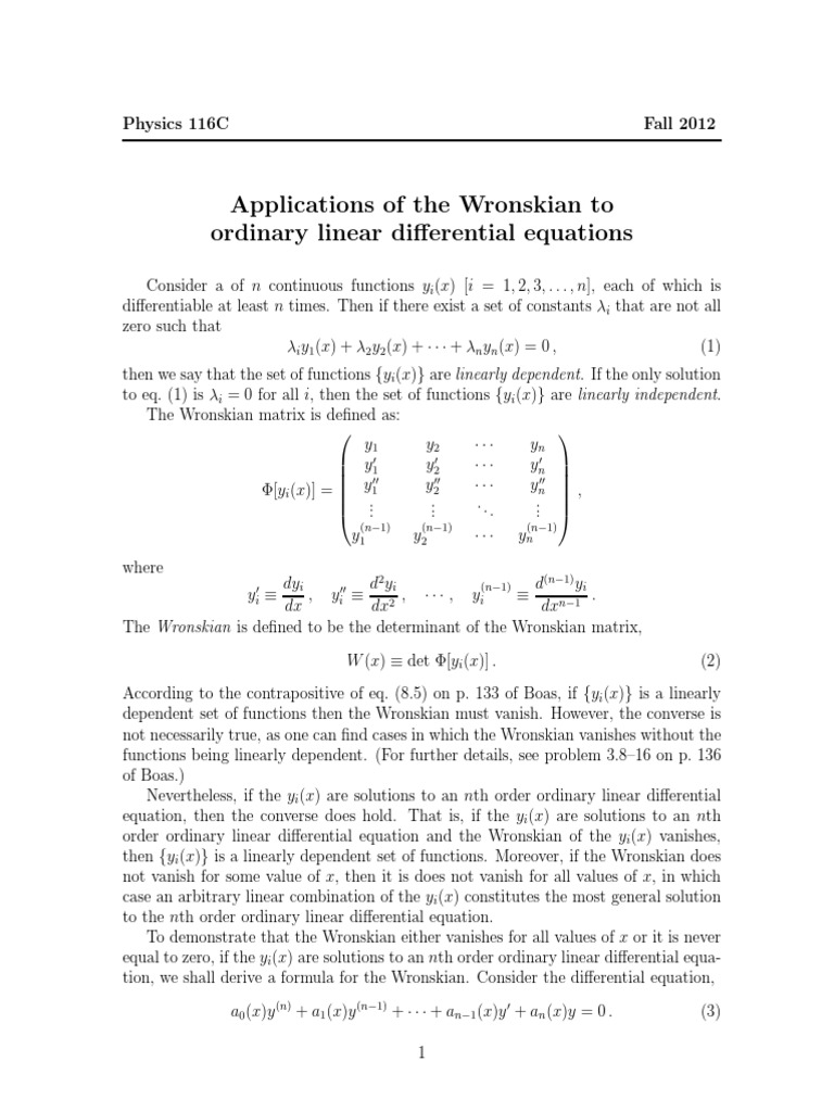 Applications of The Wronskian To Ordinary Linear Differential Equations
