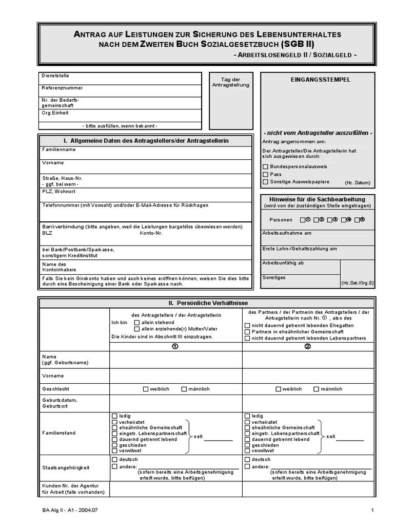 Hartz Iv Arbeitlosengeld 2 Antragsformular Pdf