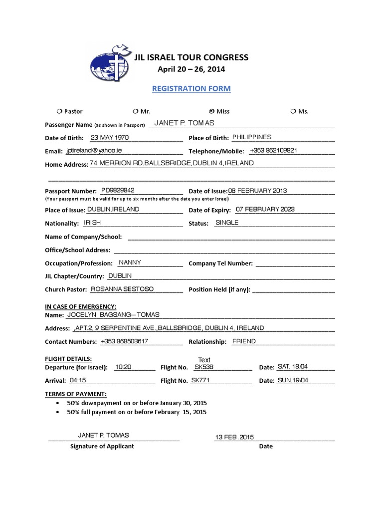Jil Israel Tour Reg Form Intl-2 | PDF