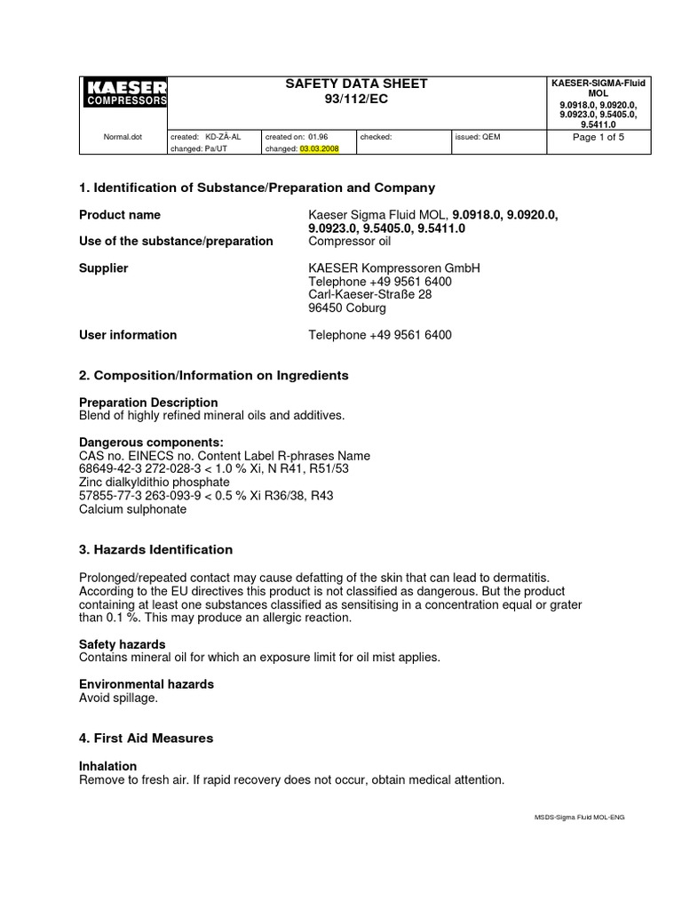 msds KAESER sigma_fluid_mol.pdf Water Chemistry