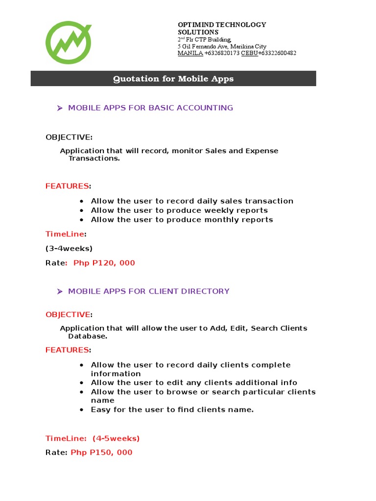 Quotation for Mobile Apps Orig Proposal Ng Optimind Mobile App Application Software