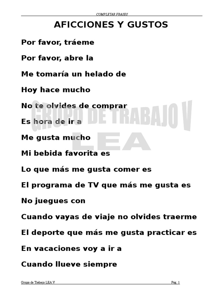 Completar Frases sobre Gustos y Aficiones | PDF | Cocina, comidas y ...