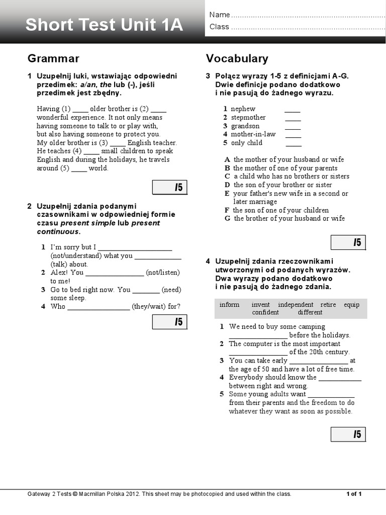 Short Test Unit 1A: Grammar Vocabulary | PDF | Social Institutions ...