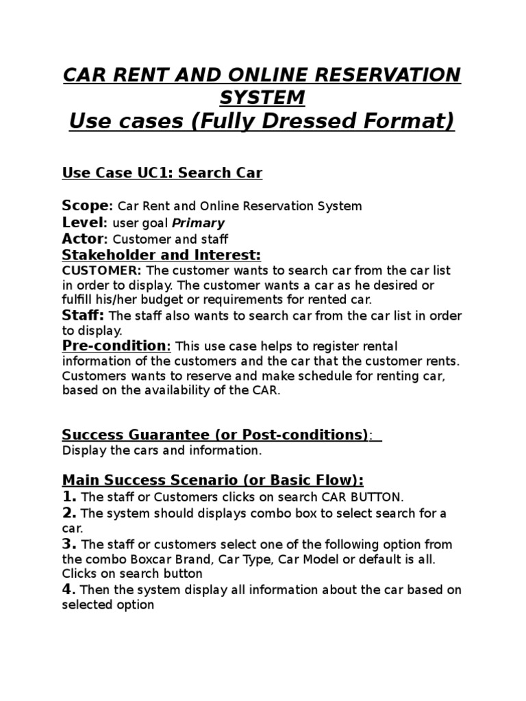 Use Case Descriptions for a Car Rental Reservation System PDF User