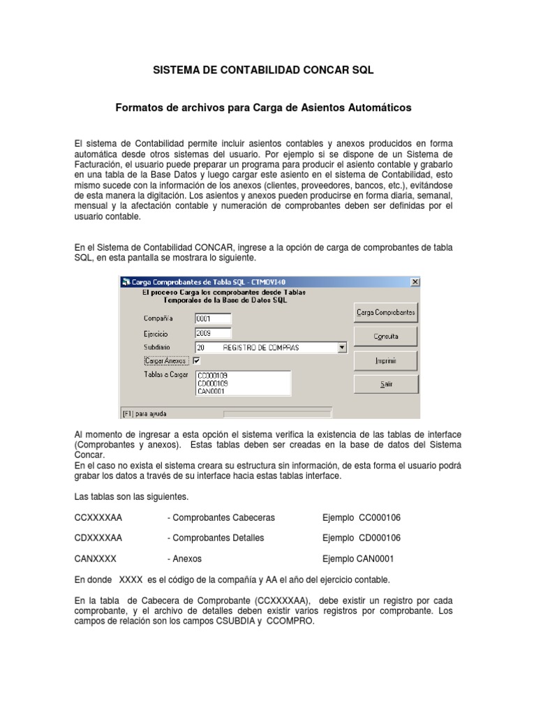 Carga de Asientos en CONCAR SQL | PDF | SQL | Contabilidad