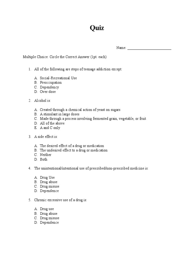 alcohol and drug quiz Substance Abuse Alcoholism