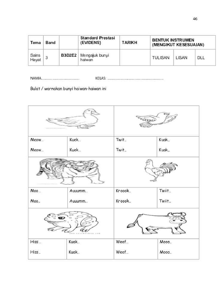 Bunyi Haiwan Lembaran Kerja Tahun 1 Pdf