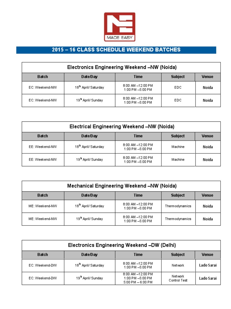 2015 Weekend Engineering Class Schedule | PDF | Academia | Electricity