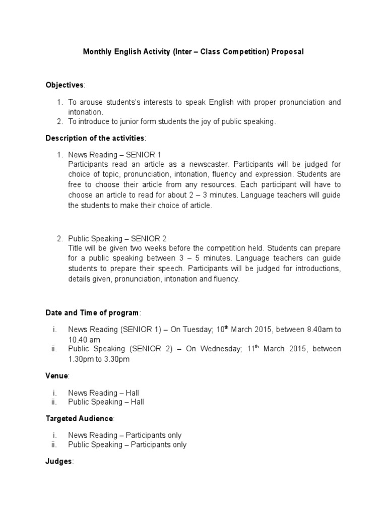 Monthly English Activity (Inter - Class Competition) Proposal | PDF ...