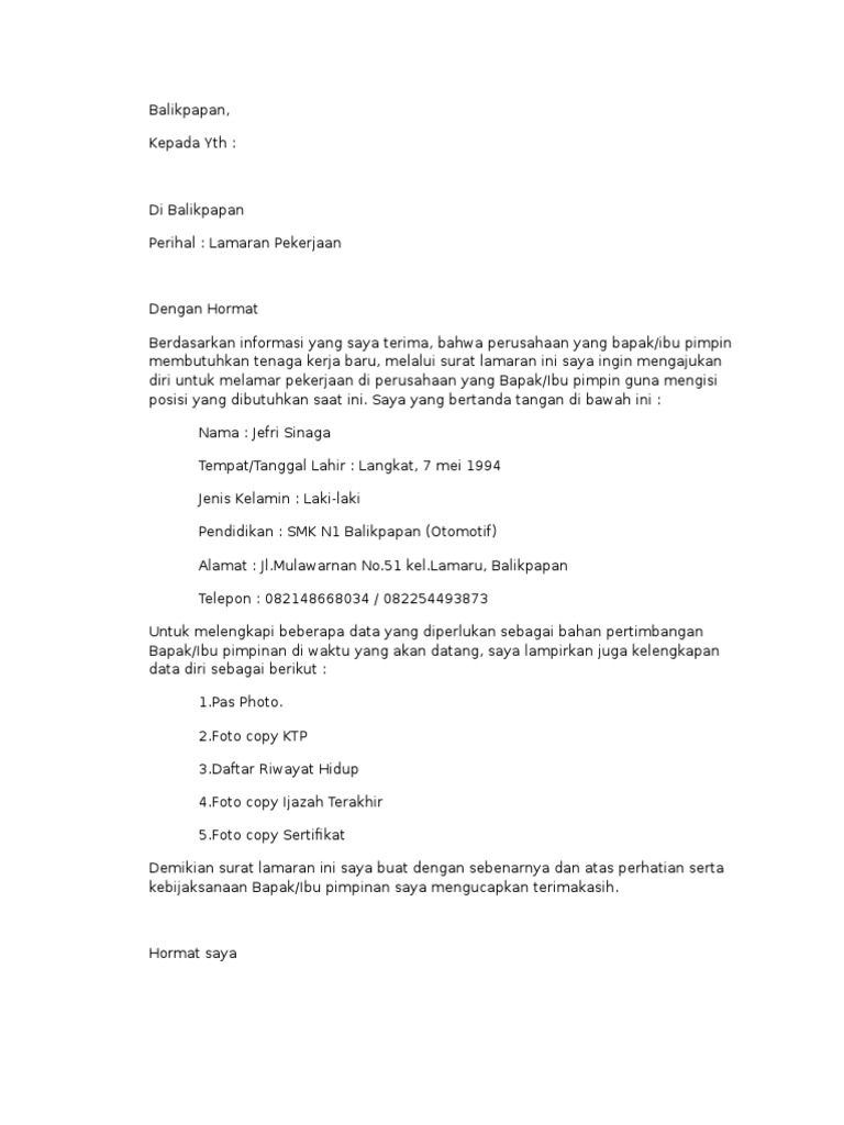 Edit Contoh Surat Lamaran