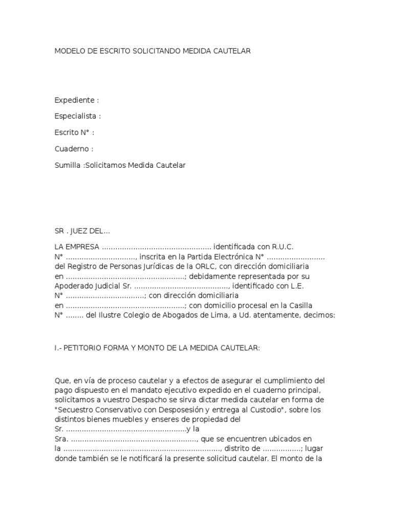 Modelo de Escrito Solicitando Medida Cautelar | PDF | Pagos | Demanda  judicial