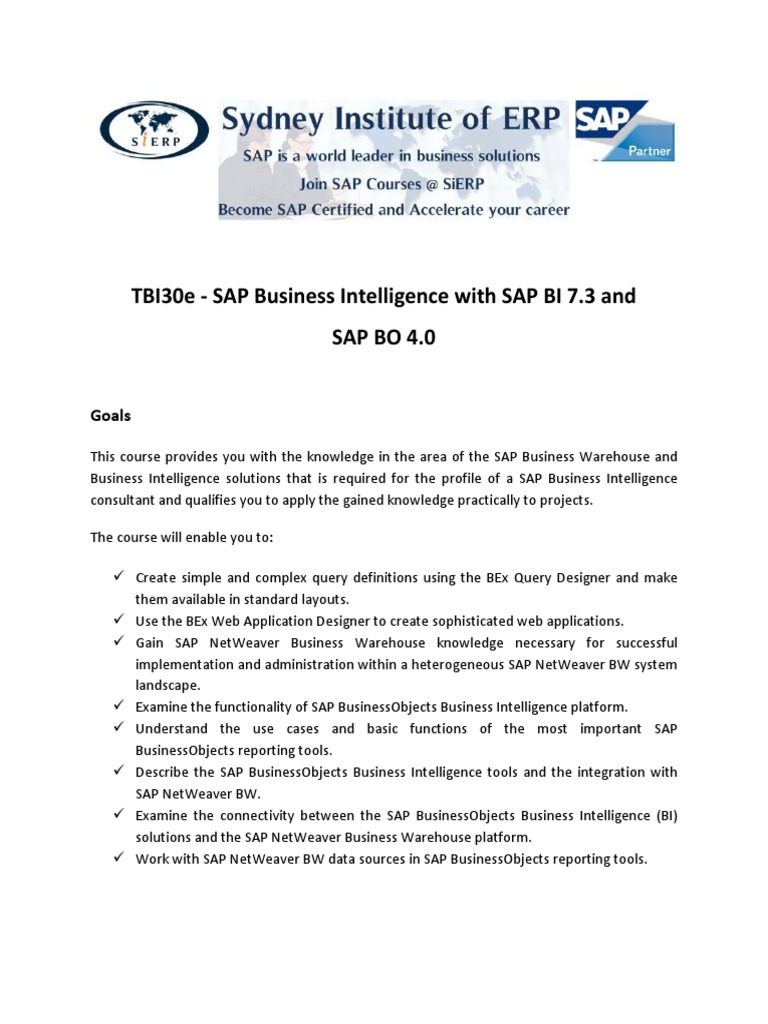SAP Business Intelligence BI73 BO40 Outline 2014 | PDF | Computers
