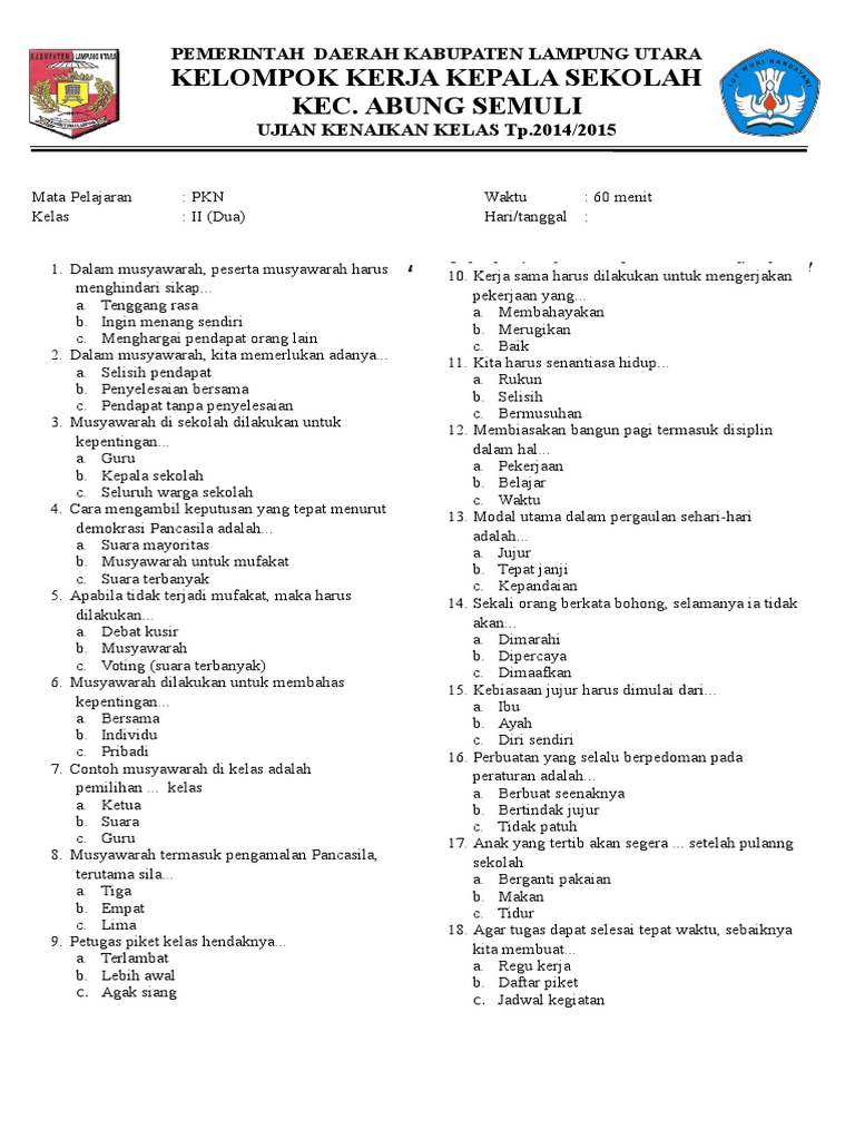 Soal Pkn Kelas 2 Tata Tertib Jawabanku Id