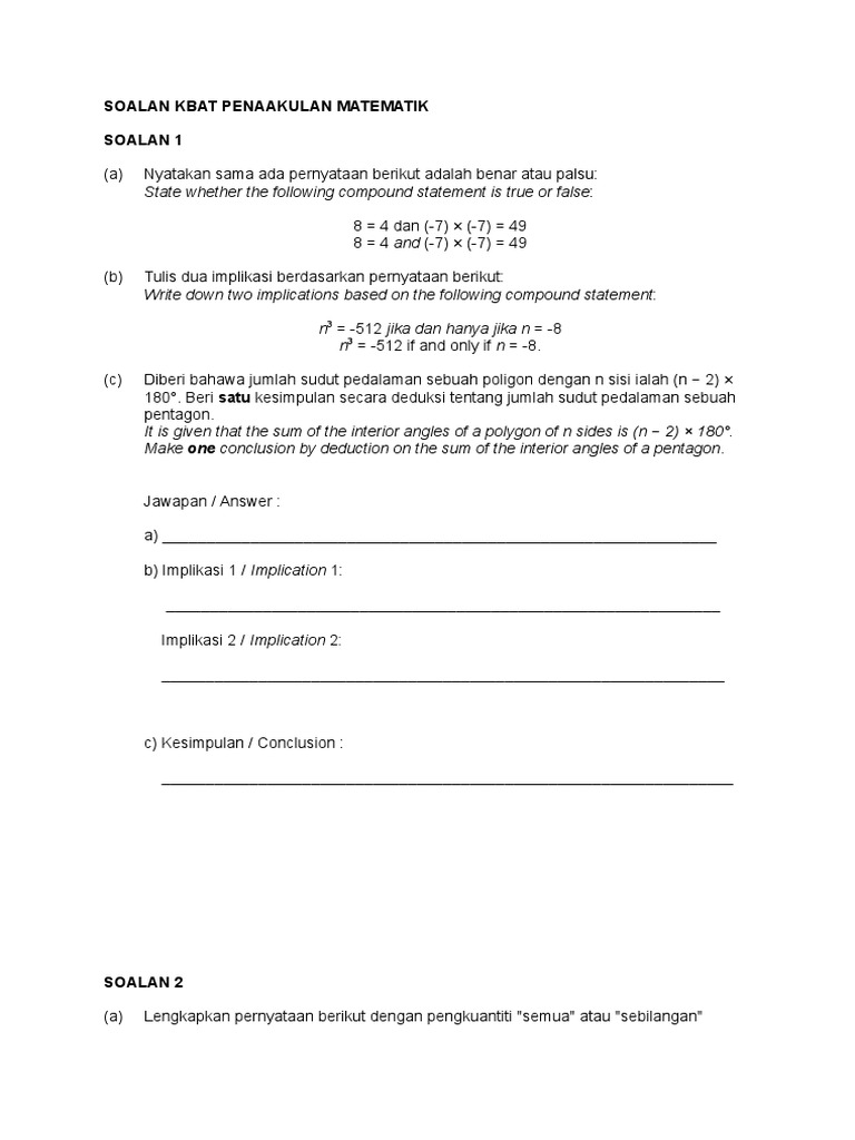 Soalan Kbat Penaakulan Matematik